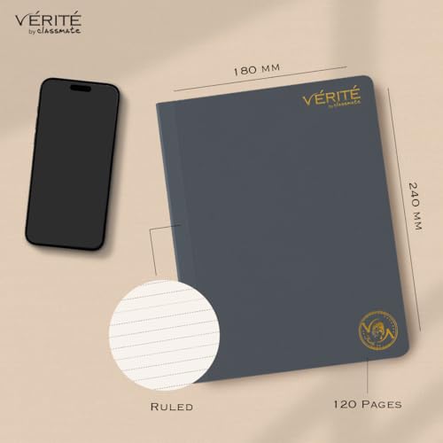Image of Lay Flat Binding Notebook - Verite by Classmate Ideal for School Students, Charcoal Color, Size (in cm) 24 X 18, Single Line, Thick Premium 120 Pages with Low Ink Bleed for Smooth Writing Experience