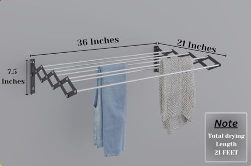 Image of RIOMAX Heavy Duty Rust-Free Stainless Steel Foldable Wall Mounted /Mounting Clothes Drying Stand /Cloth Dryer Racks for Bathroom /Balcony /Indoor /Outdoor (3 Ft - 7 Rod - Black & Silver)