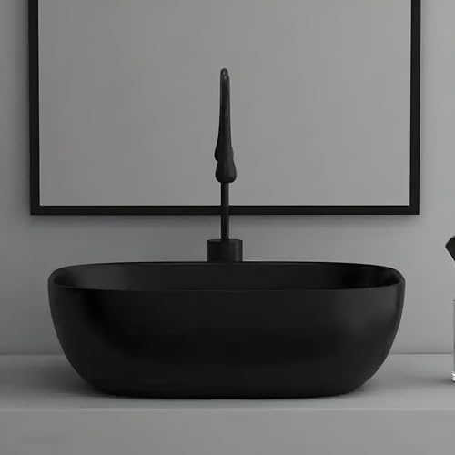 Image of OSOSAM Premium Designer Table Top Ceramic Wash Basin /Vessel Sink with Slim Rim for Bathroom (18 x 13 x 5.5 Inch) (Black)