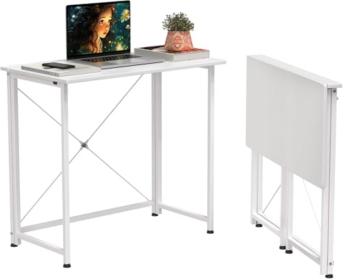 ISAKEN Folding Table Wood Side Table Foldable Metal Table Legs Wooden Work Table Laptop 80cm Desktop Study Space-Saving Folding Desk Dining Table Desk for Living Room Bedroom, White