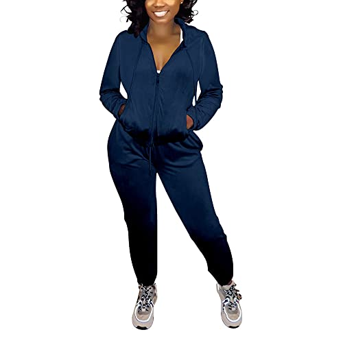 Pinsv Women Velour Two Piece Tracksuit Long Sleeve Zip Hoodie Workout Outfits Joggers Matching Velvet Sets Dark Blue Xl #TOP4
