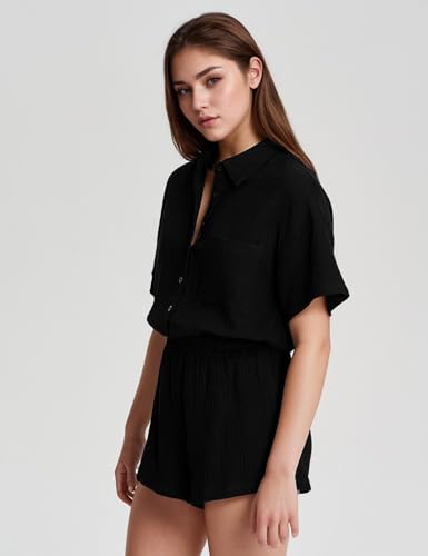 Flygo Women Casual 2 Piece Outfits Cotton Lounge Sets Loose Button Down Shirt and Shorts Pajama Gauze Set Beachwear3