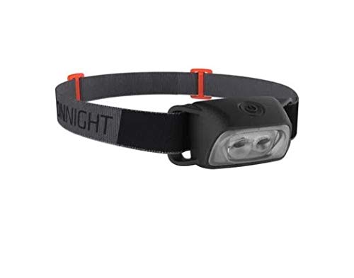 FORCLAZ Onnight 100 Headlamp, black body with grey adjustable strap and orange buckles.