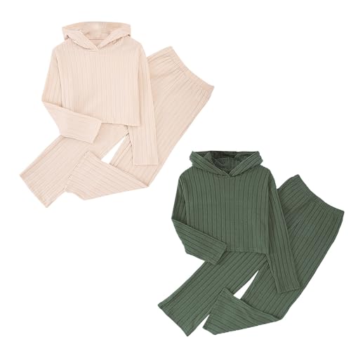 Kids Girls Clothes Outfits 2025 Tracksuit Solid Knit Ribbed Long Sleeve Crop Top and Flare Pants 2 Piece Sweatsuits3