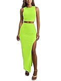 ELLEVEN Two Piece Maxi Skirt Sets Summer 2 Piece Dress Outfits Sexy High Slit Long Skirt and Sleeveless Crop Top for Women Going Out Bodycon Neon Green Small