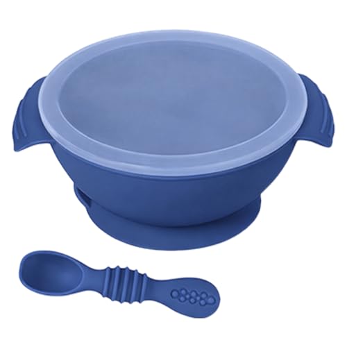 Image of Hopop Baby Silicone Feeding Bowl & Spoon | Baby Food Bowl and First Spoon with Lid & Suction Base | BPA Free | Suitable from 6+Months | (Dark Blue)