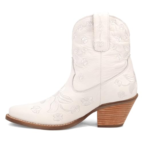 Dingo Womens Sweetheart Floral Embroidered Snip Toe Pull On Casual Boots Ankle Mid Heel 2-3" - White3