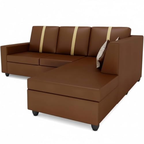 Image of FURNY Nathanoy 4 Seater Leatherette RHS L Shape Sofa Set (Brown) Premium Finish | Ideal for Living Rooms