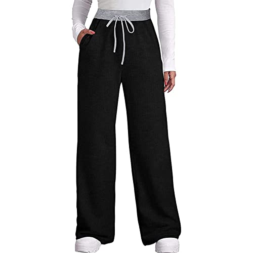 Hatop Women's Straight-Leg Pants with Pockets Winter Wide Leg Sweatpants Elastic High Waist Drawstring Pants Black Hatop Women's Straight-Leg Pants with Pockets Winter Wide Leg Sweatpants Elastic High Waist Drawstring Pants Black