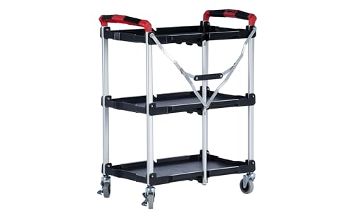 The Workplace Depot 3-Tier Folding Service Cart, 75kg Heavy-Duty, Collapsible Design, Large Locking Wheels for Catering, Kitchen & Office Use