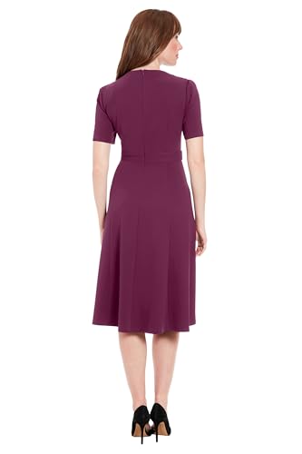 Image of London Times Women's Short Sleeve Crepe Fit and Flare Midi with Waist Button Detail