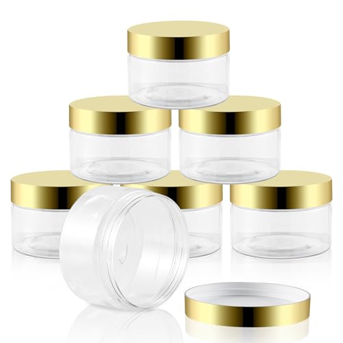 24 Pack 8 Oz Plastic Containers with Gold Lids, Clear Empty BPA Free and Refillable Cosmetic Jars Travel Containers for Creams, Lotion, Bath Salts, Sugar Scrub, Slime, Lip Scrub, Makeup