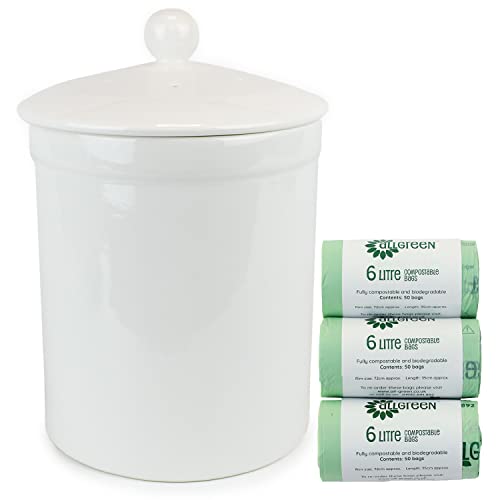 White Ceramic Compost Caddy & 150x 6L All-Green Compostable Bags - Portland Kitchen Ceramic Compost Bin for Food Waste Recycling