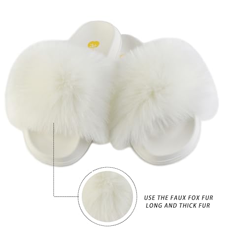 Image of Women's Faux Fur Slides, Open Toe Cute Fur Slippers, Indoor or Outdoor Comfortable Furry Slide Sandals With Fluffy Fur