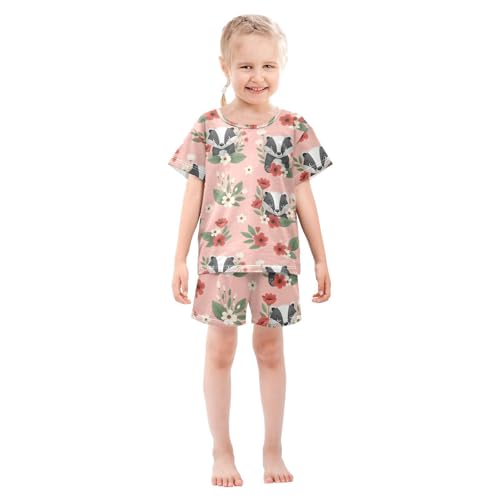 Pajama Short Sets Cute Badgers Among Flowers Pattern Soft Cotton Summer Sleepwear 2 Piece PJS Size 5-14T4