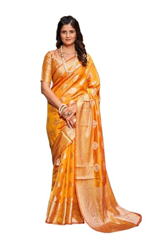 Image of SWORNOF Women's kanjivaram banarasi silk saree Zari Woven for festival Wedding silk with rich pallu Design sarees for women with Unstitched blouse piece (YELLOW)