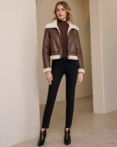 DIASHINY Women Fur Leather Jacket Faux Fur Lined Shearing Cropped Moto Biker Coat3