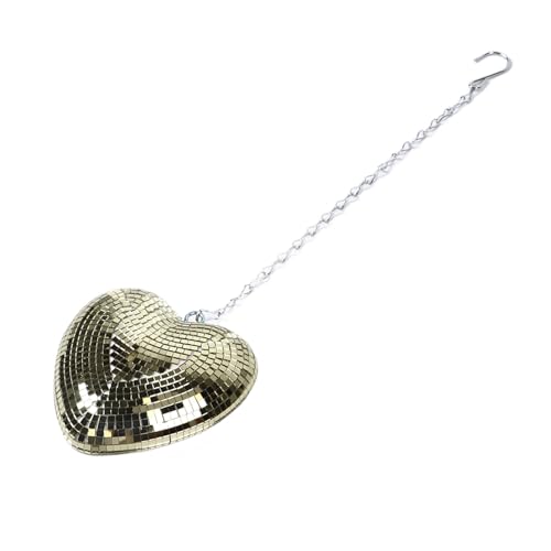 Bola espejada en forma de corazón, decoración brillante y reflectante con gancho y cadena para fiestas, bodas y eventos, material espuma con baldosas de vidrio espejado, 52 cm de largo (oro champán) miniatura 4