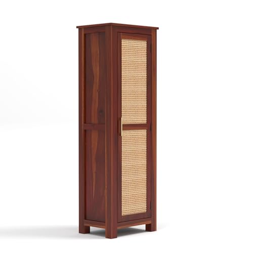 Image of PS DECOR Solid Sheesham Wood Kitchen Pantry Cabinet with Cane Rattan Door | Modern Wooden Storage Cabinet for Kitchen, Dining Room & Home Organization | Tall Utility Cupboard (Honey Finish)
