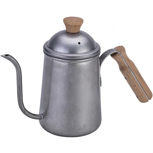 コーヒーポット ドリップポット ケトル ステンレス 木製ハンドル付き 厚手 業務用 650ML フタ付き 細口 アウトドア キャンプ ハンドドリップ用 ロングノズル 家庭用 屋外用 (650ML,レトロな色)