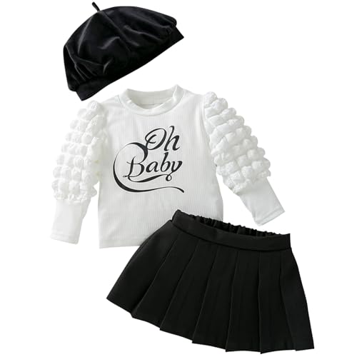 Winmany Toddler Girls Fall Outfits 3PCS Infant Spring Puff Sleeve Top Mini Skirt Clothes Set with Beret Hat (9-12M)