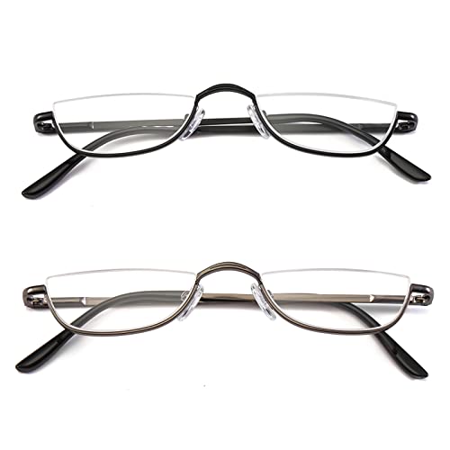 KoKoBin Half Reading Glasses -- 2 Pairs Half Rim Metal Frame Glasses Spring Hinge Readers for Men and Women, Black+Gunmetal 1.25