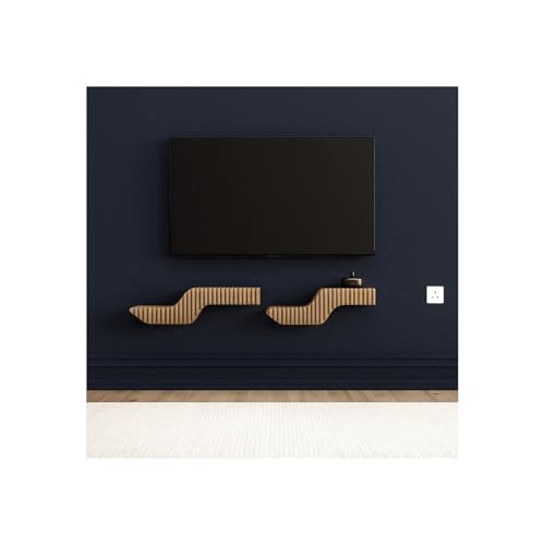 HomeStock Modern Geometric Floating Shelf TV Unit - Wavy Wall Decor in Oak Finish 20 in Stack
