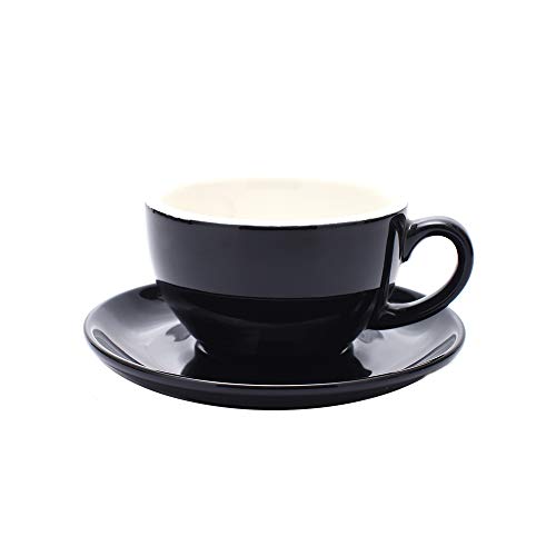 Coffeezone Cappuccino Barista Cup and Saucer Latte Art and Americano New Bone China for Coffee Shop (Glossy Black, 8.5 oz)