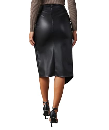 SEMATOMALA Women's High Split Wrap Twist Faux Leather Midi Skirt Casual Business Elegant PU Leather Pencil Skirts3