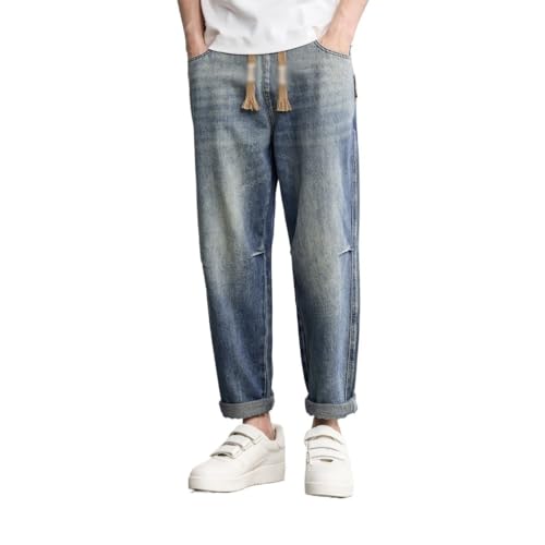 Retro Washed Jeans with Elastic Waist Drawstring Casual Pants