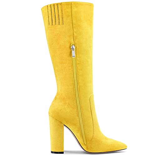 Aachcol Women Ankle Boots Short Bootie Mid Calf Close Pointed Toe Chunky Block High Heel Dress Shoes Suede Zipper Sexy 4 Inch2