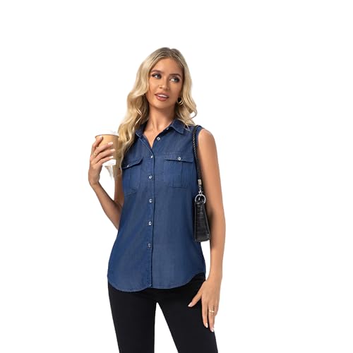FASHIONSPARK Jean Sleeveless Collared Shirts for Women, Button Down Casual Blouse Women Denim Tank Top with Pockets