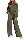 PRETTYGARDEN Women's Fall One Piece Jumpsuits Dressy Casual Long Sleeve Elastic Waist Pockets Wide Leg Long Pants Rompers (Army Green,X-Large)