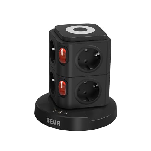 BEVA Regleta Enchufe Vertical, Torre Enchufe con Luz Nocturna y Protección, Enchufe Multiple de 8 Tomas Corrientes y 3 USB (2 USB-A, 1 USB-C), 2500W/10A 2M Cable