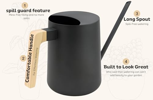 Watering Can for Indoor Plants, 33 oz/1 Liter Metal Stainless Steel Pot with Long Spout for House Plants (Matte Black)