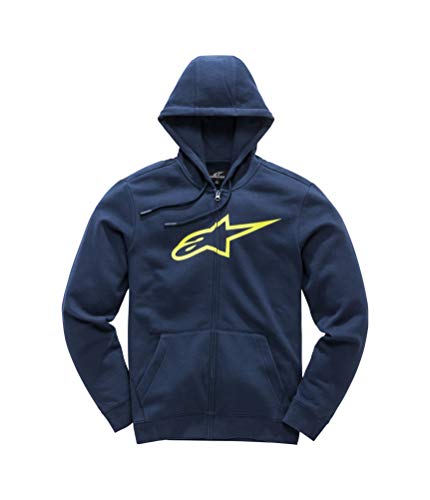 ALPINESTARS Men's Full Zip Hooded Sweatshirt Classic Fit 280 GSM Logo Fleece, Ageless Navy/Yellow, XXL