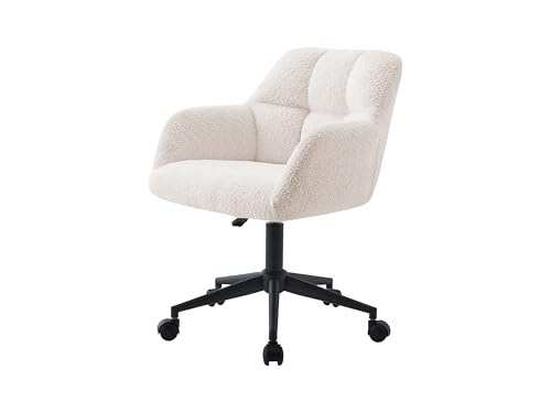 Image of Finch Fox Battle Modern 360 Swivel Mid-Back Armrest Boucle Fabric Study Upholstered Black Metal Powder Coated Base Study Computer Office Desk Chair in Cream Color