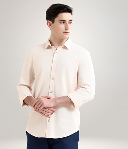 Image of TURMS Men's Solid Knitted Shirts, Odor Control, Stretchable & Breathable, Cotton Blend, Tailored Fit, Full Sleeve