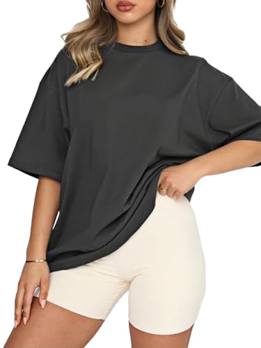 Oversize Damen T-Shirt Basic Einfarbig Rundhals Kurzarm Oberteile Baumwolle Breite Schulter Tshirt Tops(Dark Grey-K2,S)