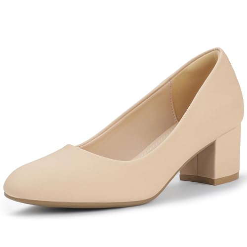 IDIFU Nude Heels Women's Pumps Closed Round Toe Low Block Chunky Heels Short Small Thick Wedding...