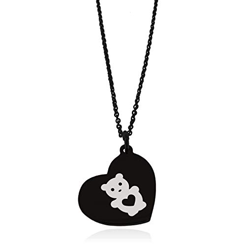 Black Stainless Steel Teddy Bear Love Floating Heart Tag Charm Pendant Necklace