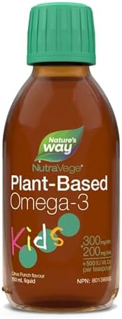 Nature's Way NutraVege Kids Omega-3 Supplement, Plant-Based, Vegetarian, Vegan-friendly, 500 mg of EPA + DHA, 500 IU Vegan Vitamin D3, Citrus Punch, 150 ml Liquid