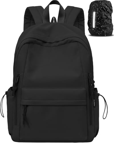 FIORETTO Backpack Womens School Bag Girls Boys, Lightweight Water-Resistant Fits 15.6” Laptop Large Capacity Rucksack with Rain Cover, Ideal for School College Commuting Travel Black