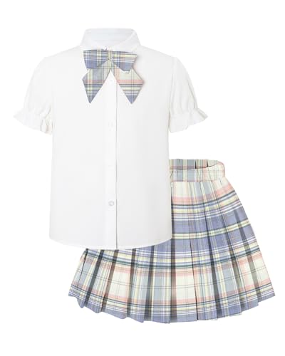 Image of Betusline Girls Skirt Set JK School Uniform 2-Piece Outfit - Short Sleeve Shirt with Bow & Pleated Skirt 4T-14Y