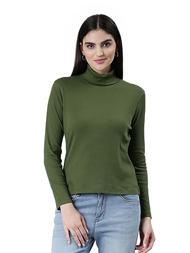 Image of TWIN BIRDS Women Cotton Turtle Neck Ribbed Tee | Full Sleeve Winter Top