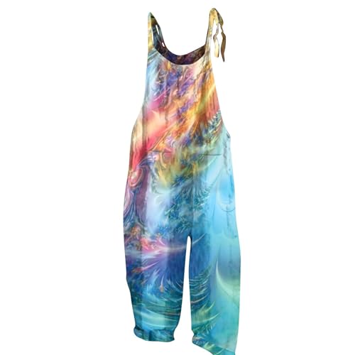 HUEAHDOU Short Sleeve Jumpsuit For Women,Summer Plus Size Floral Boho Bib Cotton Linen Overalls For Women 2026 Hippie Jumpsuit Print Spaghetti Strap Rompers（Blues,3X-Large）