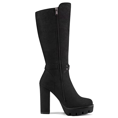 DearOnly Women Chunky Block High Platform Heel Round Toe Mid Calf Boots Zipper Party Dress 4.7 Inches Heels3