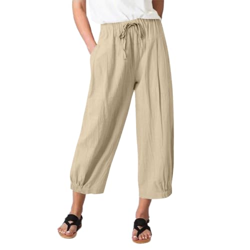 TBA Women's Casual Pants Wide Leg Drawstring Capris Pants with Pockets Khaki