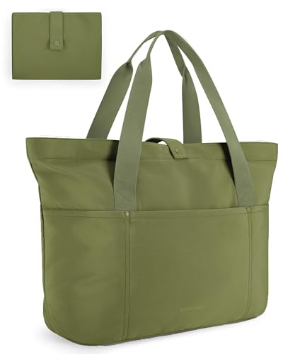 BAGSMART Tote Bag for Women, Foldable Tote Bag With Zipper Large Shoulder Bag Top Handle Handbag for Travel, Work (Military Green)