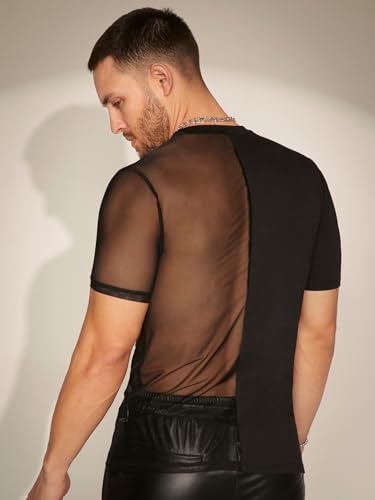 WDIRARA Men's Contrast Mesh T-shirts Round Neck Short Sleeve Shirt See Through Party Outfits2